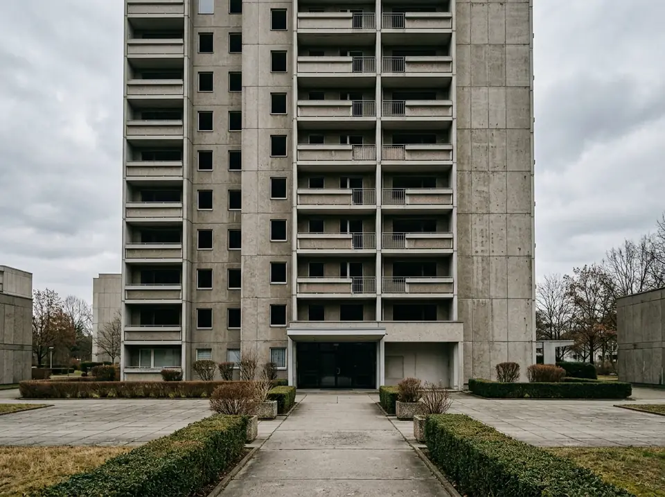 Panelből épült magasház erkélysorokkal és járdával a bejárat előtt