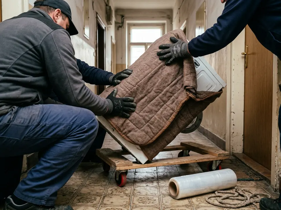 Kesztyűs kezek egy takaróba csomagolt mosógépet billentenek szállítókocsira egy szűk előszobában